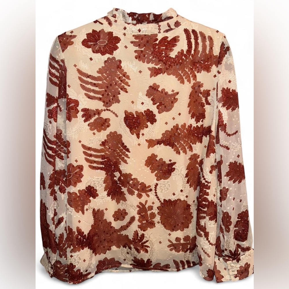 Baltic Born Women Large Reddish Brown Metallic Floral Blouse Ruffle Collar Sheer - Picture 8 of 9